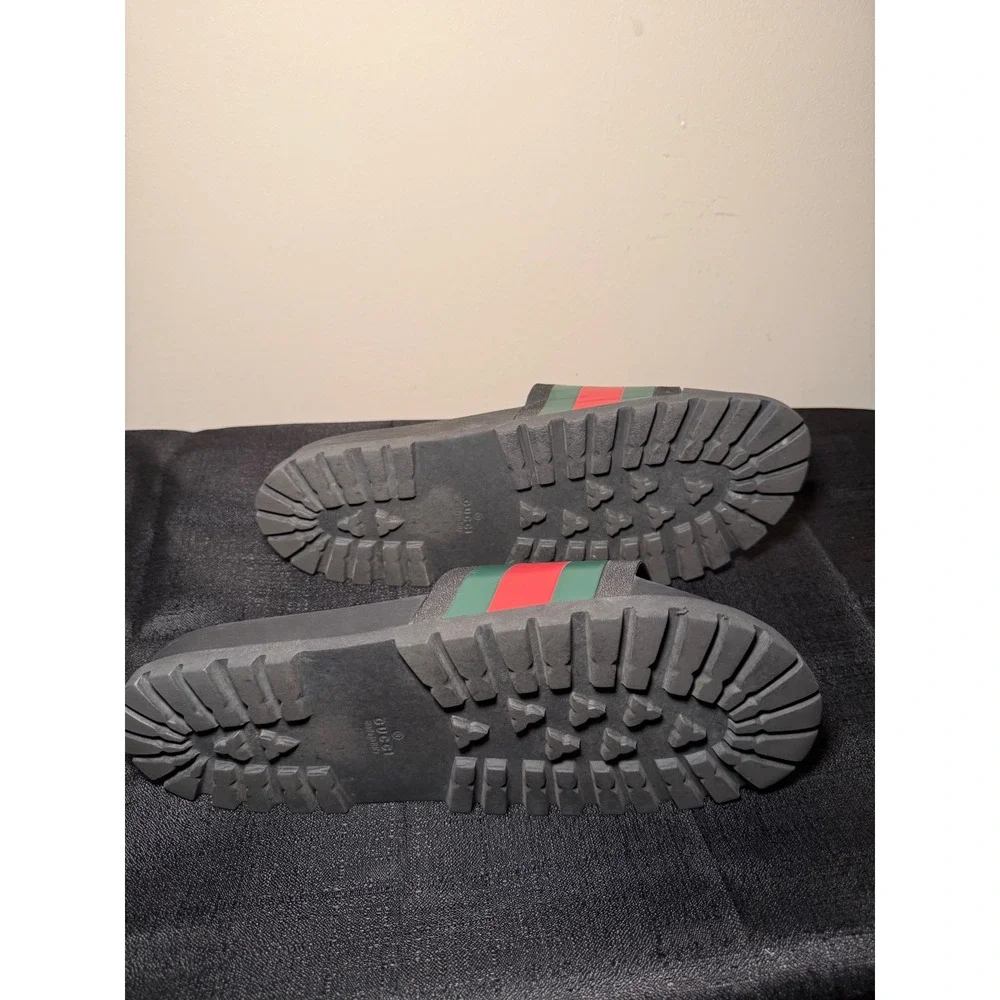 Gucci Mens Web Stripe Rubber Slide Sandals Black Lug Sole Made in Italy